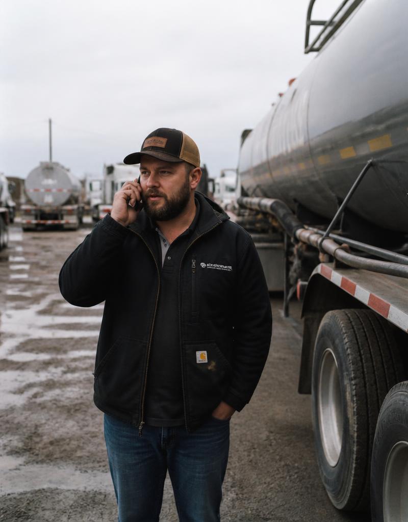 Freight broker on the phone beside parked tanker trucks