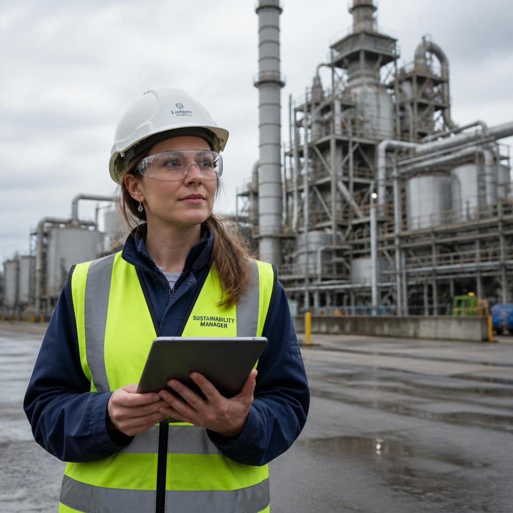 Woman sustainability manager in a hard hat with a tablet outside an industrial facility
