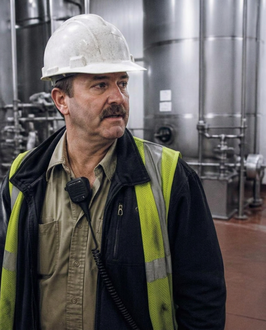 Plant operations manager in a hard hat on a food processing floor