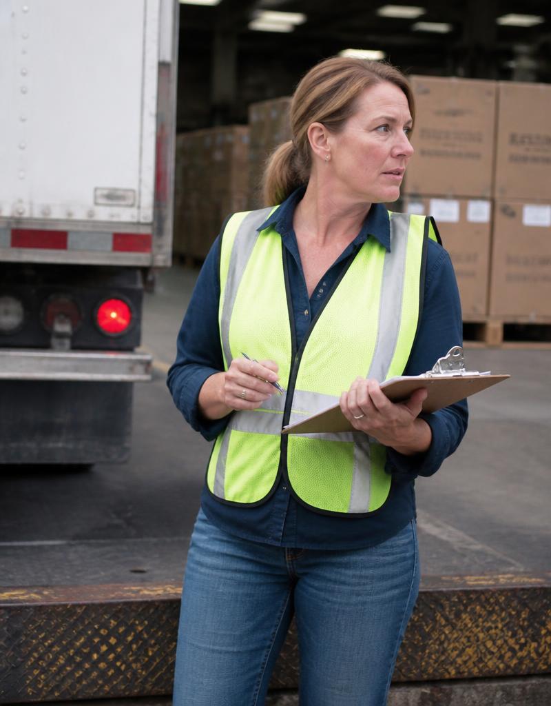 Procurement manager with a clipboard at a warehouse loading dock